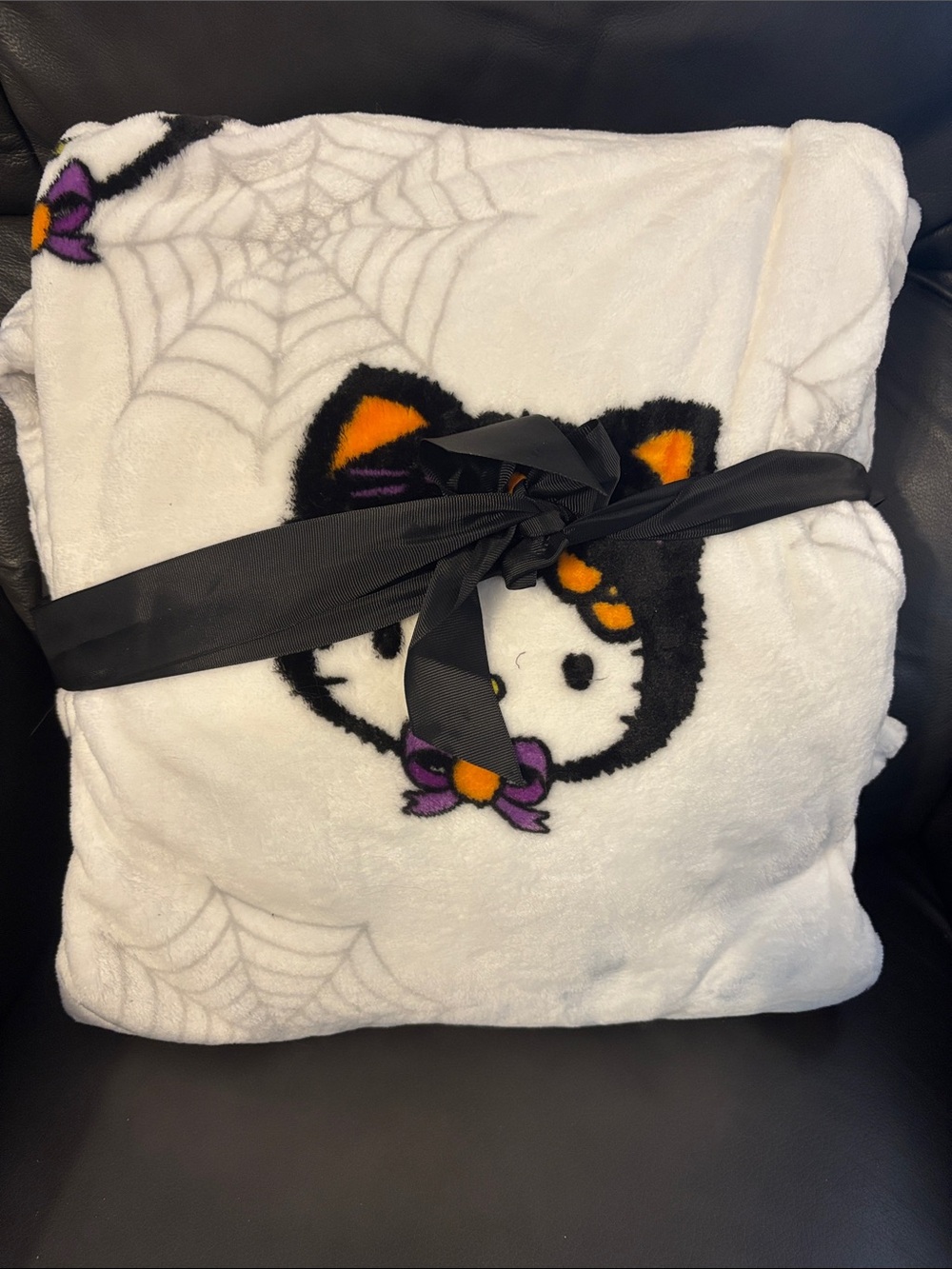 Hello Kitty White Plush Throw Blanket with Black, Orange & Purple Accents